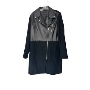 Express Trench Coat Large Black Faux Leather Dressy Zipper Closure Mixed Moto